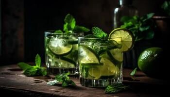 en uppfriskande mojito cocktail med mynta, kalk, och is genererad förbi ai foto