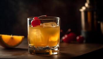 en uppfriskande citrus- cocktail med whisky, is, och frukt skivor genererad förbi ai foto