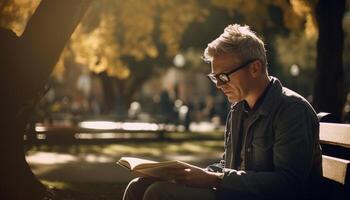 en ung vuxen man läsning litteratur utomhus i höst solljus genererad förbi ai foto