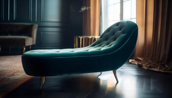 modern lyx levande rum med bekväm soffa och elegant fåtölj genererad förbi ai foto