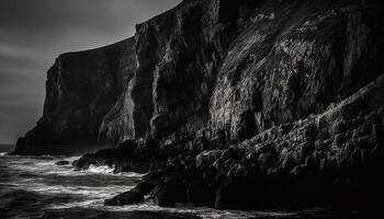 majestätisk sten formationer träffa grov vågor på stor sur kustlinje genererad förbi ai foto