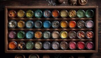 en stor samling av färgrik kryddor i en skinande skål genererad förbi ai foto