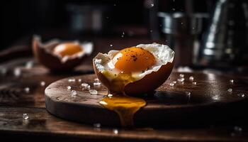 friska äter färsk organisk måltid med friterad ägg på rustik tabell genererad förbi ai foto