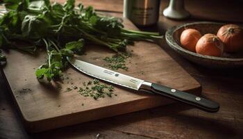 skarp kök kniv skivor mogen tomat på trä- skärande styrelse genererad förbi ai foto