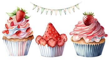 vattenfärg jordgubb kaka muffin efterrätt. kaka, cupcake, grädde frukt efterrätt, jordgubb paj. ai genererad foto