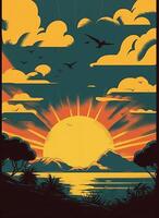 retro affisch av en marinmålning med vågor, seagulls och moln. soluppgång och solnedgång. utskrift hus. bakgrund för affisch, baner. ai genererad foto