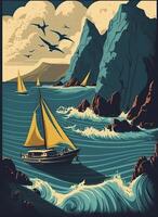 retro affisch av en marinmålning med vågor, måsar, stenar och yachter. utskrift hus. bakgrund för affisch, baner. ai genererad foto
