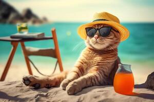 katt ha på sig Sol glasögon och hatt Nästa till en glas av orange juice med strand bakgrund ai generativ foto