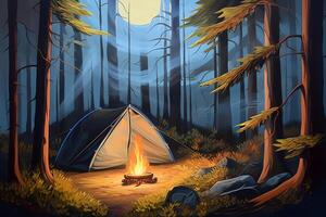 camping tält i natt skog med bål ai generativ foto