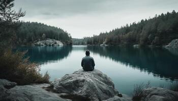 ett person mediterar, stående på klippa, njuter lugn miljö genererad förbi ai foto