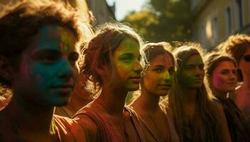 ung vuxna njut av färgrik festival med vänner genererad förbi ai foto