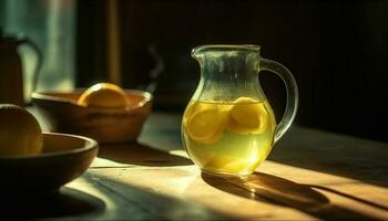 färsk citronsaft i rustik glas kanna, sommar förfriskning genererad förbi ai foto