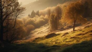 lugn scen av höst skog i dimma genererad förbi ai foto