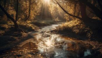 lugn scen av höst skog reflekterande solljus genererad förbi ai foto