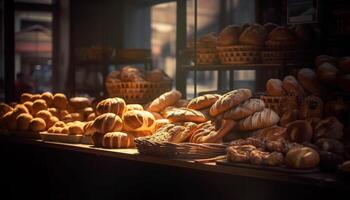 nyligen bakad franska bröd och bakverk i överflöd genererad förbi ai foto