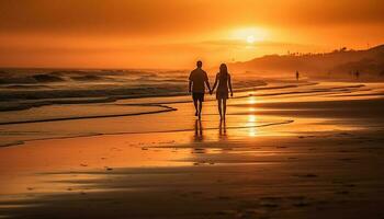 älskande par gående på de strand genererad förbi ai foto