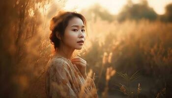 ung kvinna åtnjuter natur skönhet på soluppgång genererad förbi ai foto