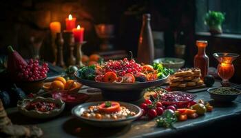 färsk bär frukt sallad på rustik trä- tabell genererad förbi ai foto