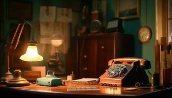 antik skrivbord med gammal klocka, telefon och lampa genererad förbi ai foto