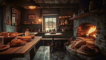 rustik tegel spis bakar hemlagad bröd middag genererad förbi ai foto