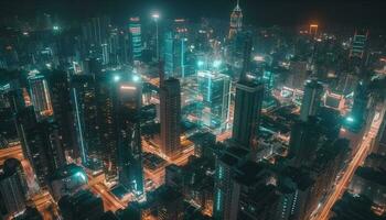 upplyst skyskrapor glöd i de urban natt genererad förbi ai foto