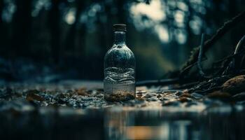 uppfriskande flytande i plast flaska speglar skog miljö genererad förbi ai foto