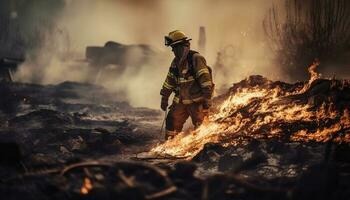 brandmän i skyddande redskap bekämpa flammande inferno genererad förbi ai foto
