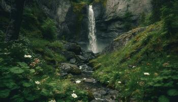lugn scen av majestätisk berg räckvidd vattenfall genererad förbi ai foto