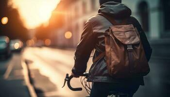 ung vuxen gående med ryggsäck i stad genererad förbi ai foto