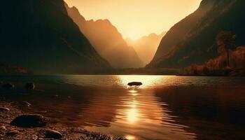 majestätisk berg räckvidd speglar lugn solnedgång scen genererad förbi ai foto
