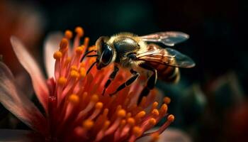 upptagen honungsbi arbetssätt, pollen mättad på gul blomma genererad förbi ai foto