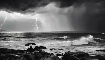 majestätisk svart och vit havsbild, olycksbådande väder genererad förbi ai foto