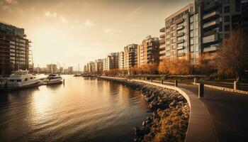 skyskrapor reflektera i vatten, urban design upplyst genererad förbi ai foto