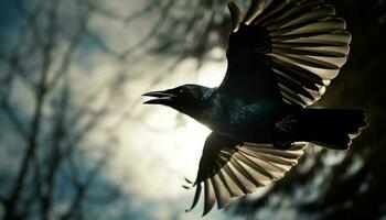 flygande fågel befjädrad vingar spridning i lugn rörelse genererad förbi ai foto