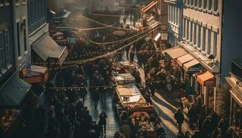 fullt med folk stad gata upplyst förbi detaljhandeln belysning genererad förbi ai foto