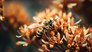 upptagen bi flygande av med gul pollen genererad förbi ai foto