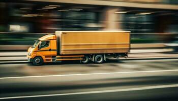semi lastbil leverera frakt på upptagen motorväg på natt genererad förbi ai foto
