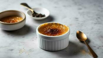 gourmet creme brulee med färsk frukt pålägg genererad förbi ai foto