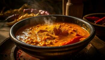 rustik nötkött gryta med curry pulver sås genererad förbi ai foto