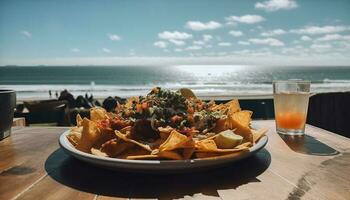 färsk gourmet skaldjur taco på strand bar genererad förbi ai foto