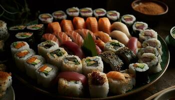 gourmet japansk måltid sashimi, nigiri, maki rullad upp genererad förbi ai foto