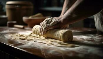 mänsklig händer förbereda färsk deg för bakning genererad förbi ai foto