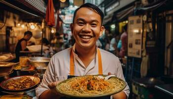 leende vuxen kock matlagning upp asiatisk kök genererad förbi ai foto