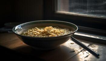 vegetarian Ramen soppa eras i rustik skål genererad förbi ai foto