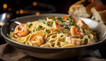 gourmet skaldjur pasta på rustik italiensk tallrik genererad förbi ai foto