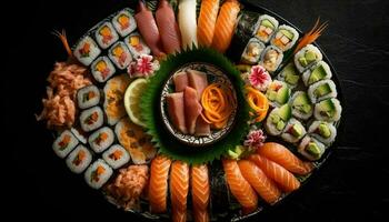 färsk skaldjur lunch sashimi och maki sushi tallrik genererad förbi ai foto