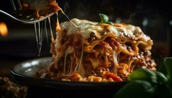 välsmakande hemlagad lasagne med bolognese kött sås genererad förbi ai foto