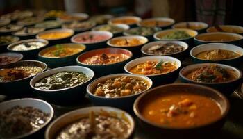 färgrik skålar av curry kryddad, vibrerande kök genererad förbi ai foto