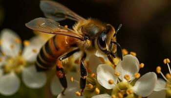 en upptagen bi pollinerande, samlar pollen utomhus genererad förbi ai foto