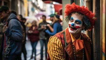 leende clown promenader i traditionell festival parad genererad förbi ai foto